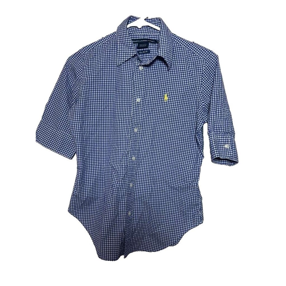 Ralph Lauren Sport Shirt Gingham Button Down Women Size 4 Blue Super Slim Fit